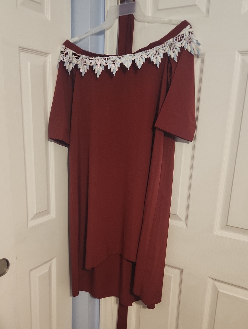 Off-Shoulder Burgundy Dress with White Lace Trim size Medium